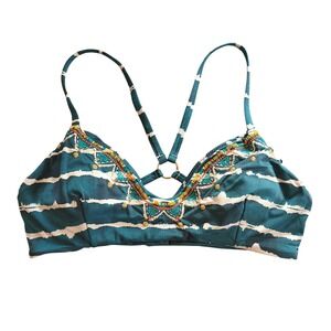 Banana Moon Teal Embroidered Striped Bikini Top Swimsuit Small Tiedye Beach Pool
